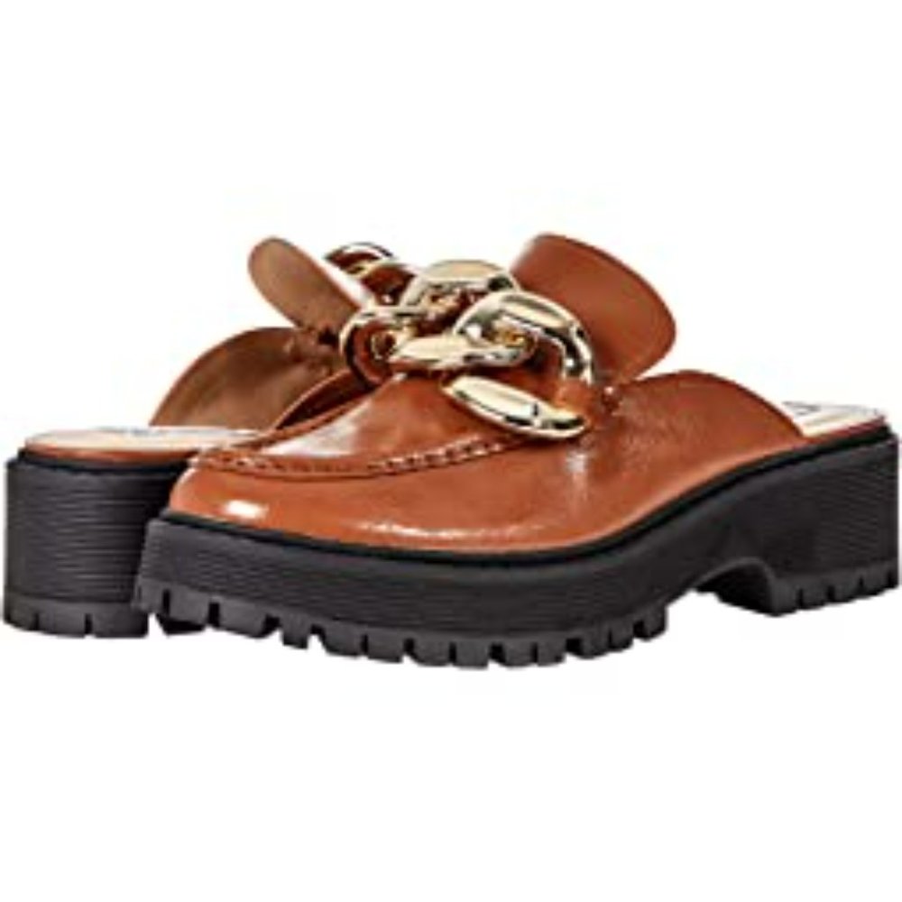 Steve Madden Tan Platform Chain-Detail Mules